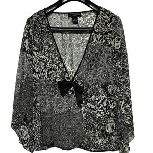 Womens Y2K Sheer Babydoll Black White Whimsy Goth Top 2X Cape Sleeve V-neck